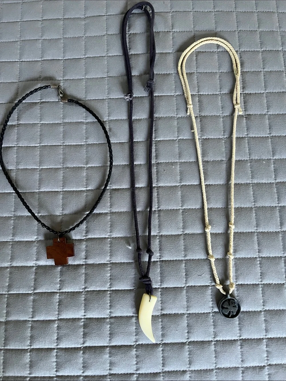 Triple Cord Necklace Set with Cross, Tooth & Medallion